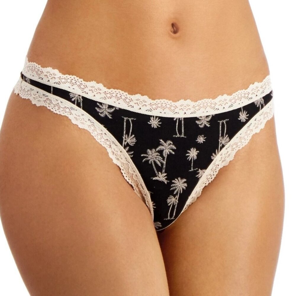 Jenni Women's Lace-Trim Thong Panty Underwear, Black Palm Trees, XXXL / 3XL